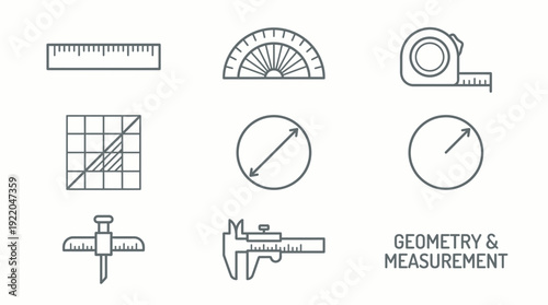 Set of linear icons for geometry and measurement tools featuring ruler protractor caliper tape measure and circle symbols, concept for technical drafting, architecture and engineering