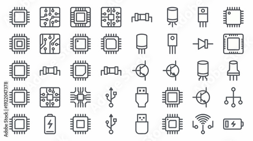 Collection of electronic component line icons featuring microchips, resistors, capacitors and circuit symbols, concept for hardware engineering, semiconductor technology and digital circuit design