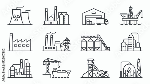 Set of industrial line icons featuring nuclear power plants, factories, warehouses and oil rigs, concept for manufacturing infographics, logistics planning and environmental engineering