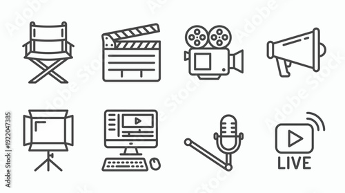 Set of professional film production line icons featuring camera clapperboard director chair and video editing gear, concept for cinematography branding, digital marketing and media creation