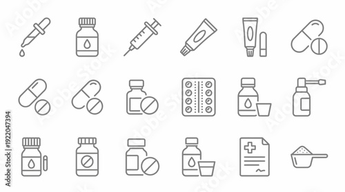 Medical pharmacy line icon set featuring syringe pills bottles and healthcare equipment on white background, concept for pharmacy website medical app and pharmaceutical marketing
