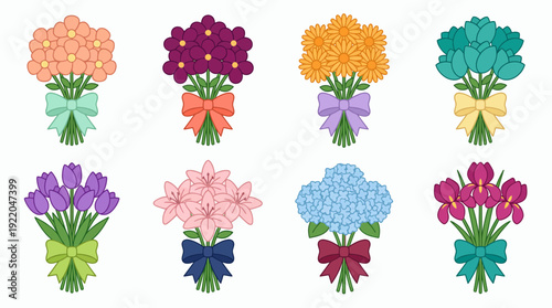 Set of various colorful floral bouquets with ribbon bows including tulip lily and daisy isolated on white, concept for wedding invitation, greeting card and florist marketing