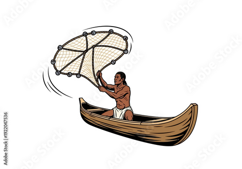 Man in canoe holding fishing net.