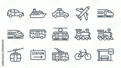 Set of minimalist line icons featuring public and private transport vehicles and station symbols, concept for urban mobility planning, travel booking apps and logistics business infographics
