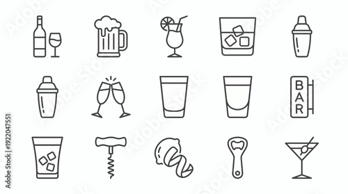 Collection of minimalist line icons representing various alcoholic beverages and professional bar equipment on white background, concept for beverage menu design, mobile app interface and bar branding