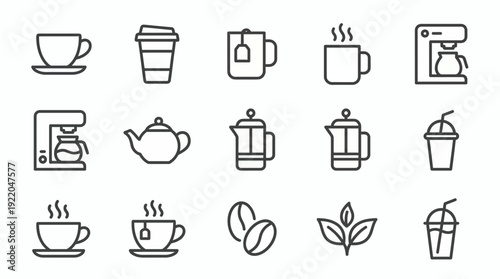 Set of minimalist line icons featuring coffee cups teapots brewing machines and beans on white background, concept for beverage branding restaurant menu design and cafe mobile application