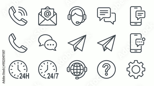 Collection of contact us and customer service line icons featuring phone email chat support agent headset and clock on white background, concept for help desk, tech support and web interface