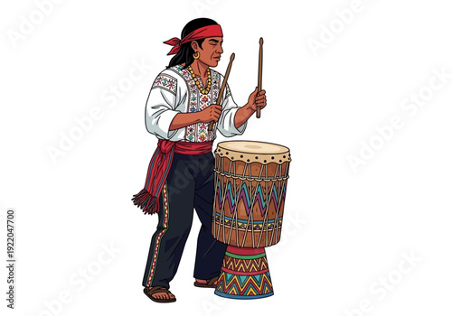 Man playing large decorated drum sticks.