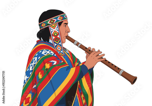 Man playing a wooden flute instrument.