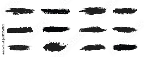Black grunge brush stroke set. Rough sponge paint banners and distressed ink texture blocks. Vector heavy smear labels.