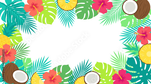 A vibrant tropical border filled with lush green monstera leaves, palm fronds, hibiscus flowers, pineapples, and coconuts on a white background.