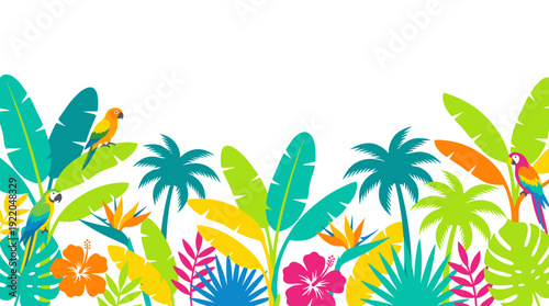 Vibrant tropical jungle border with colorful parrots, exotic flowers, and lush green foliage under a white sky.