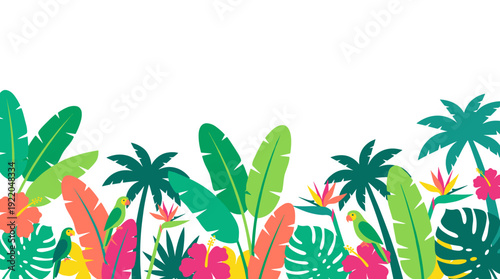 Vibrant tropical foliage with palm trees, exotic flowers, and parrots on a white background.