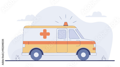 Stylized cartoon ambulance with flashing orange emergency light parked on a grey street with abstract clouds.