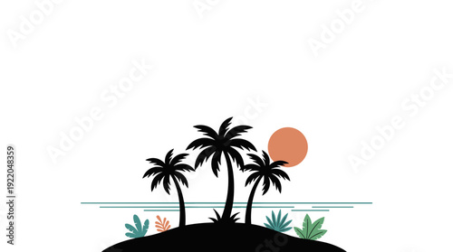 Silhouette of palm trees on a small island with a sunset over the ocean.