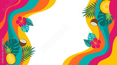 Vibrant tropical summer background with colorful wavy lines, pineapple, coconut, and hibiscus flowers.