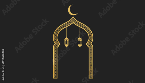 An ornate golden Islamic archway with a crescent moon and lanterns, set against a dark background.