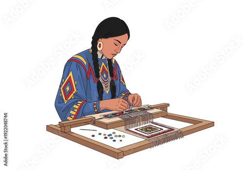 Native American Woman Beading Traditional.
