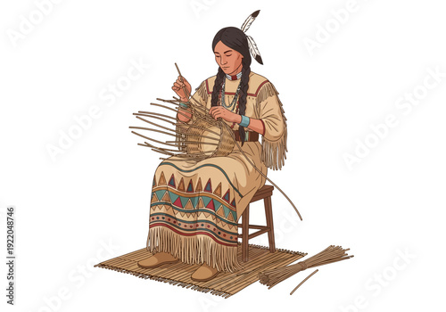 Native American Woman Weaving Traditional Pattern.
