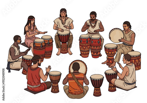 People playing various African drums.