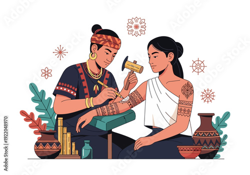 Tattoo artist inking a woman.