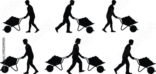Construction worker silhouettes pushing wheelbarrow with soil collection, builder labor transport activity set, industrial people illustration concept