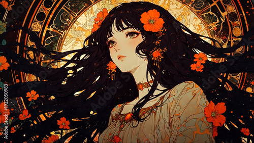 花と少女　AI生成素材