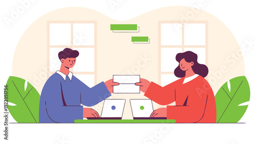 Two business people working on laptops, exchanging information and documents across a desk in an office.