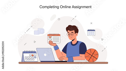 Student Completing Online Assignment with Laptop and Calendar