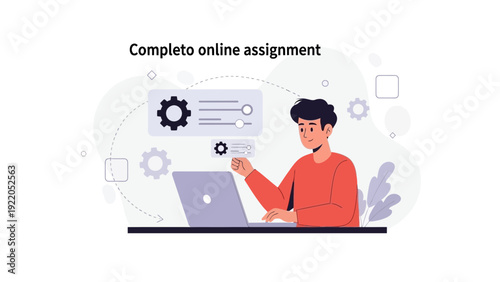 Student Completing Online Assignment on Laptop with Gears and Settings