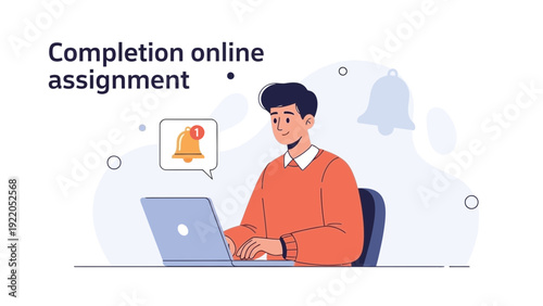 Student completing online assignment on laptop with notification bell icon