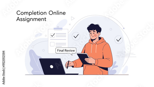 Student Completing Online Assignment on Laptop with Digital Tablet