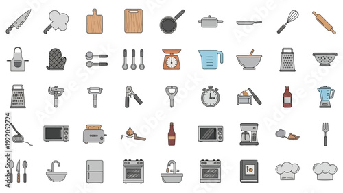 Collection of kitchen utensils and appliances for cooking and baking.