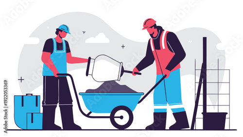 Two construction workers in safety gear pouring concrete from a mixer into a wheelbarrow at a job site.