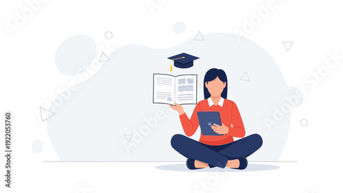 Student learning, reading book and tablet, graduation cap symbolizing education and knowledge