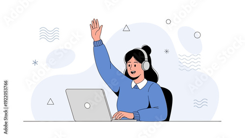 Student Raising Hand with Laptop and Headphones, Online Learning Concept