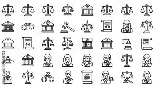 Collection of legal and justice icons representing law and order.