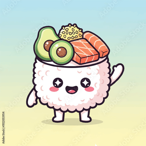 Cute Cartoon Rice Bowl with Sushi and Avocado.