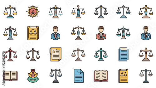 Collection of legal icons representing justice and law.