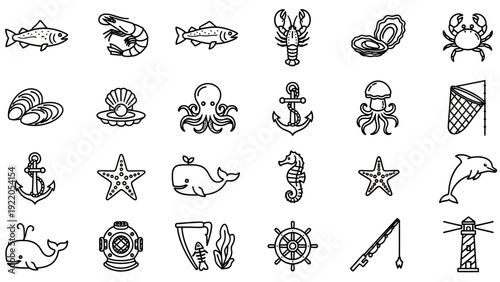 Collection of marine life and nautical icons hand drawn style.