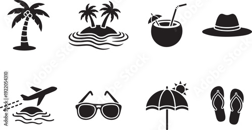 Tropical resort and beach accessory icon set. Island tourism symbols including sunglasses, sun hat, flip flops, and coconut cocktail.
