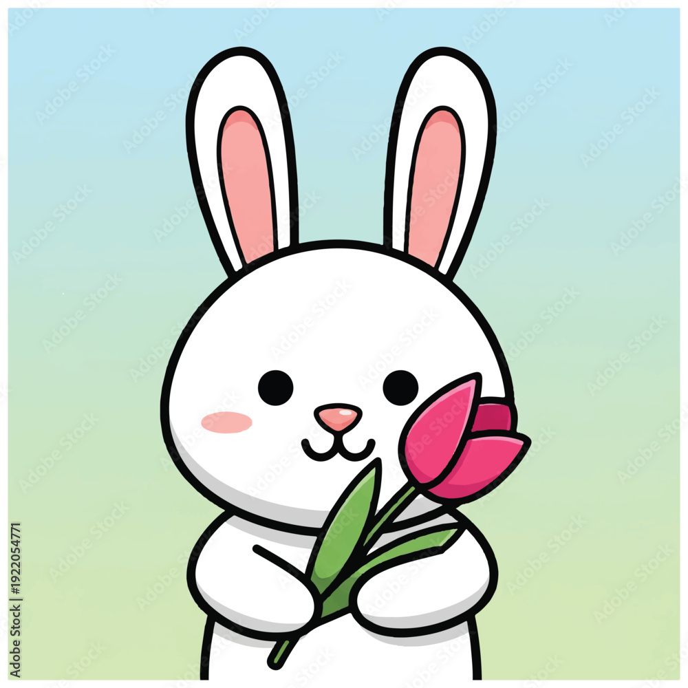 Fototapeta premium White Cartoon Rabbit Holding Pink Tulip.