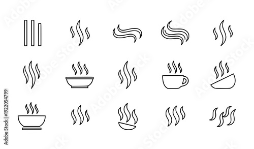 Cooking steam and warm aroma line icon set vector isolated on transparent background