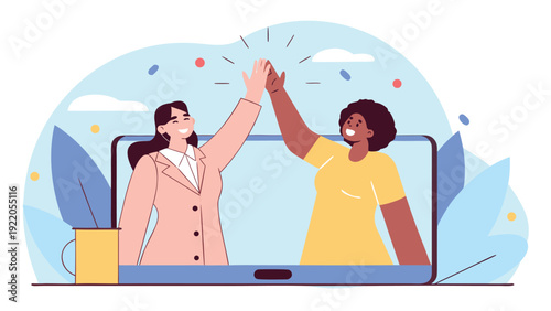 Two diverse women in formal and casual attire high-five from a smartphone screen amidst celebratory confetti.