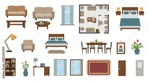 Collection of modern furniture and home decor elements.