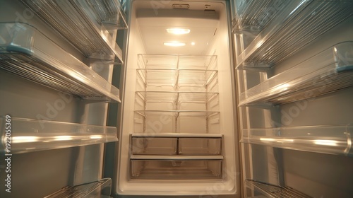 Empty Refrigerator Interior with Illuminated Shelves