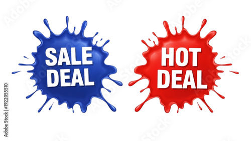 Vibrant sale and hot deal paint splatters on isolated white background, front view vector illustration for promotional marketing and retail advertising