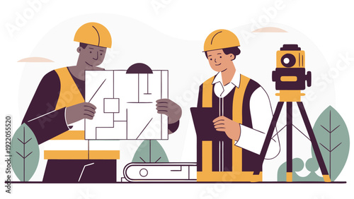 Two male construction surveyors in hard hats and safety vests examine blueprints with a total station nearby.