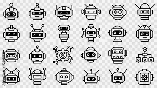 Collection of robot head icons in outline style.