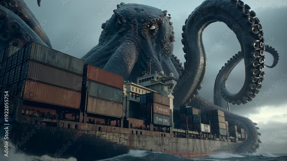 Kraken Attack Giant octopus attacking cargo ship in stormy ocean with ...